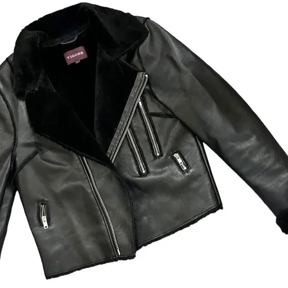 Black Faux Fur Leather Jacket - Picture 3 of 6